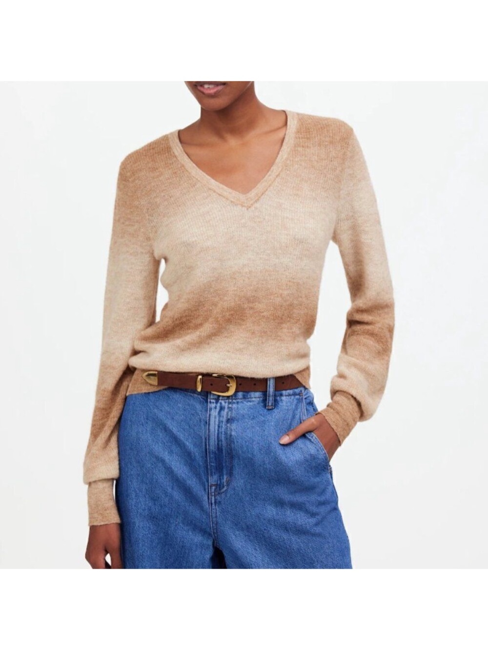 Madewell Alpaca Blend Deep V Neck Sweater Spacedye Fawn Size Medium